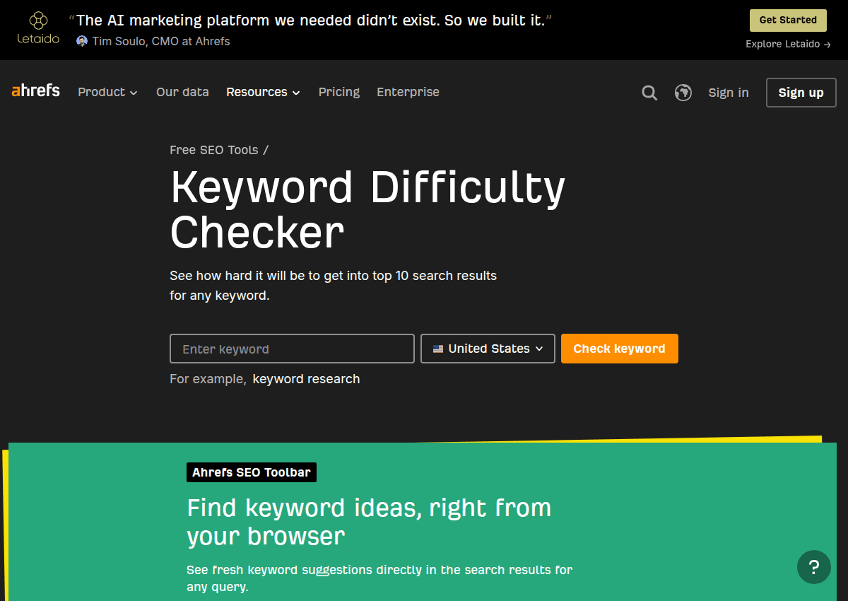 Ahrefs' free Keyword Difficulty Checker with a keyword input and country selector