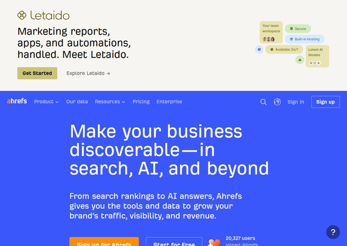 The Ahrefs homepage positioning the suite around search rankings, AI answers and brand visibility