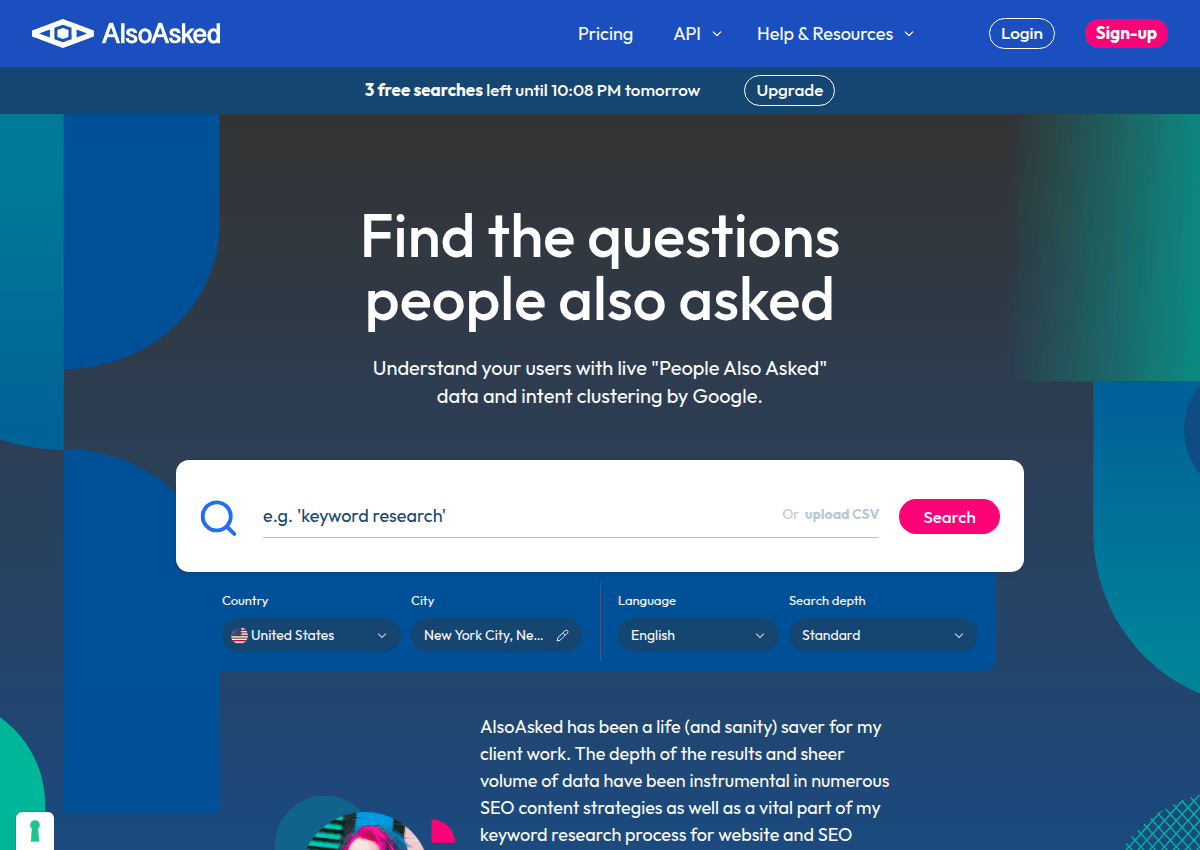AlsoAsked's homepage showing People Also Ask research