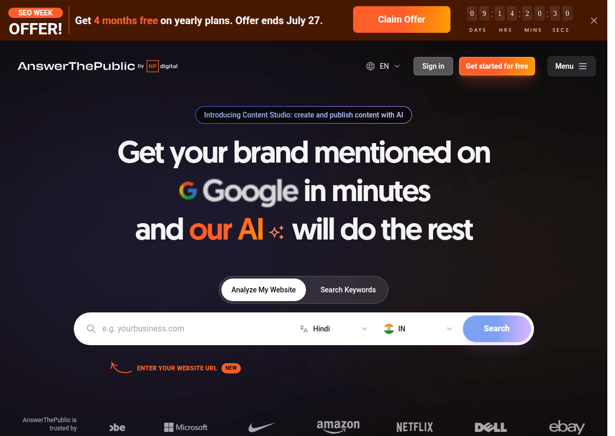 AnswerThePublic's homepage with its search listening tool