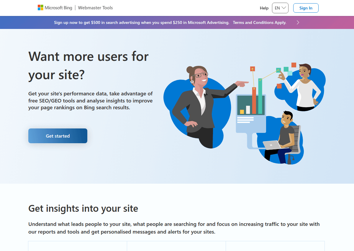 The Bing Webmaster Tools page describing its free SEO and keyword research features