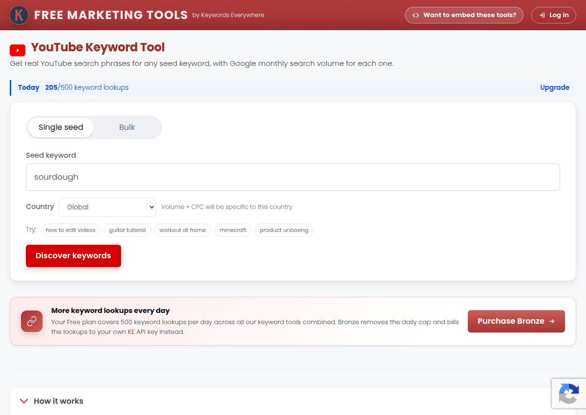 The free YouTube Keyword Tool with a sourdough seed ready to fetch YouTube phrases with volume data