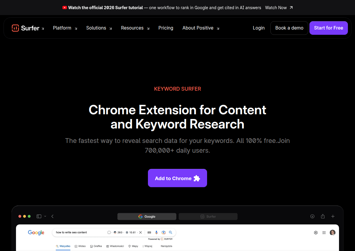 The Keyword Surfer Chrome extension page showing search volumes inside Google results