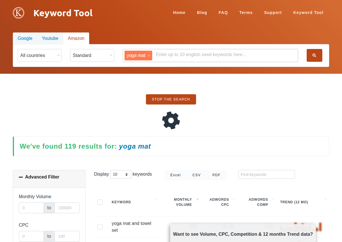This site's keyword tool on the Amazon tab streaming 119 real Amazon suggestions for yoga mat