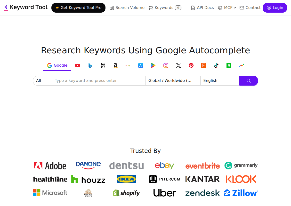 KeywordTool.io's interface for researching keywords using Google Autocomplete across many platforms