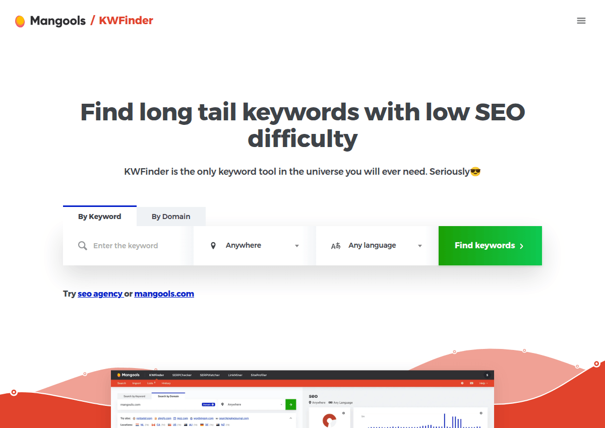 KWFinder by Mangools, find long tail keywords with low SEO difficulty