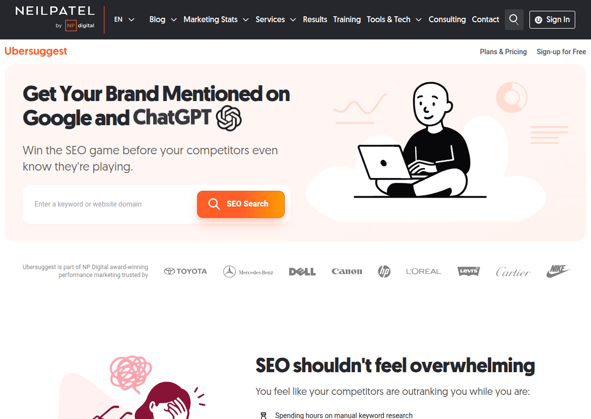Ubersuggest's homepage with its SEO search box