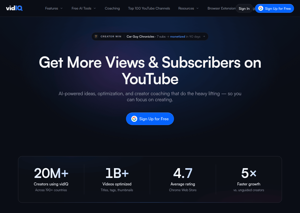vidIQ's homepage with its YouTube keyword and channel tools